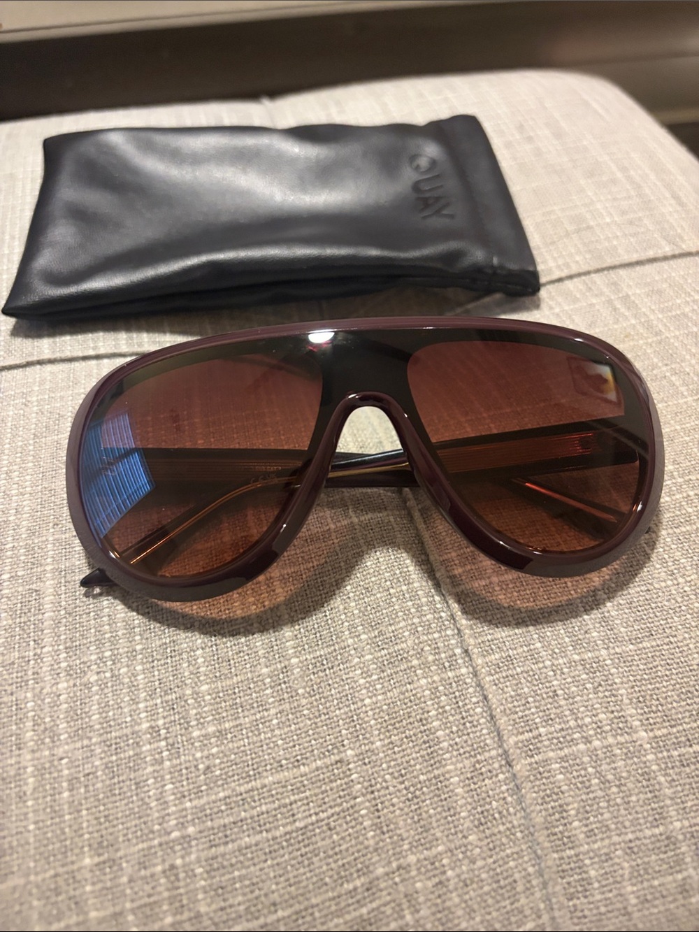 Quay Australia Dark Plum Shield Sunglasses with Gold Accents